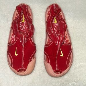 Nike Red and Pink Open-Toe Sport Sandals with Yellow Swoosh